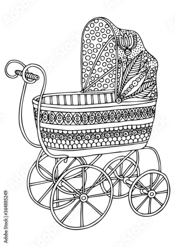 Retro baby stroller. Hand drawn picture. Sketch for anti-stress adult coloring book in zen-tangle style. Vector illustration  for coloring page