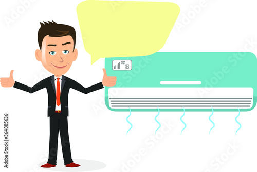 businessman showing thumbs up speech bubble blank empty template in front of air conditioner ac