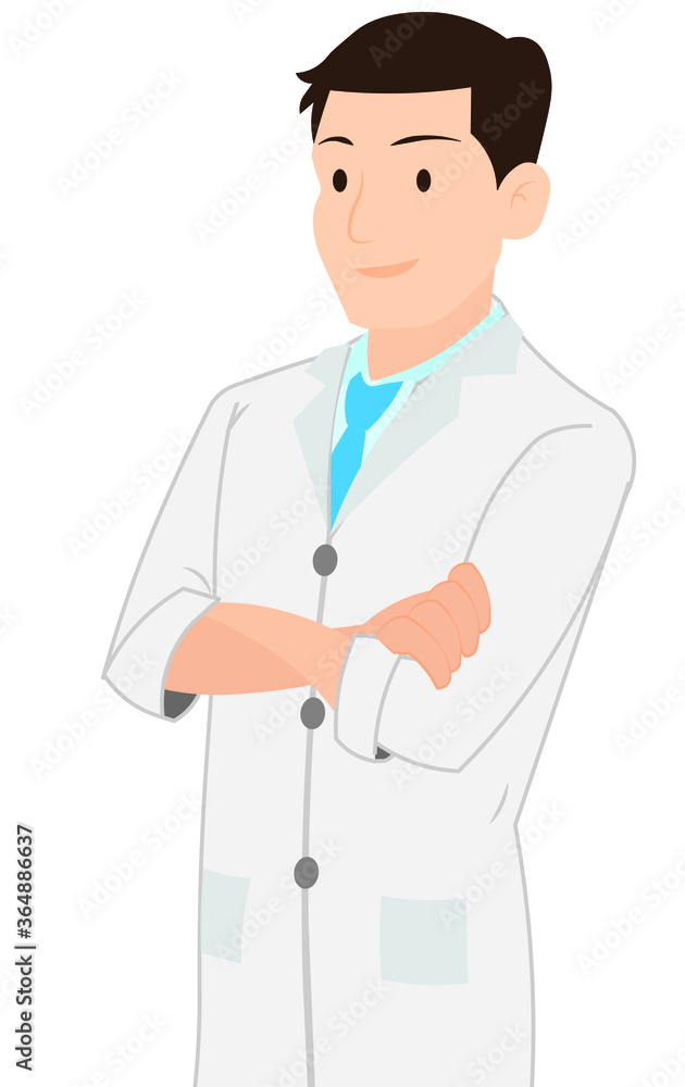 colored illustration of a Man standing in a lab coat hands crossed colored illustration of a Man standing in a lab coat hands crossed