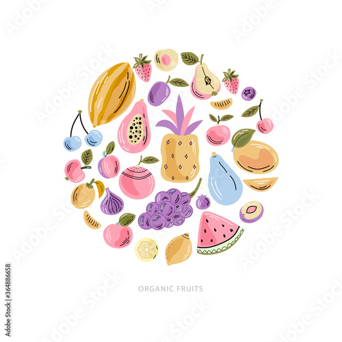 Vector fruits in round composition. Bright illustration of healthy fresh food. Isolated design elements. Ideal for poster, banner, packaging and home decor. 