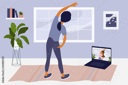 Young woman watching online classes on laptop, doing side bends, stretching at home. Video of sport exercise with instructor, fitness workout. Physical activity, healthy lifestyle vector illustration.