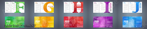 Vector trifold brochure design template set with colorful watercolor background and letter design element. Best corporate style layout