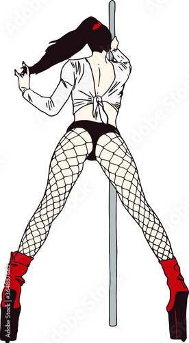 Illustration of a sports girl on a pylon. Pole dancing. stripper, pole dance. For printing packaging, cards, designers, clothes, clubs, Poledance studios, icon, logo