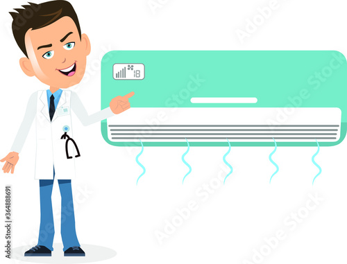 Doctor pointing air conditioner ac with a big smile talking about it
