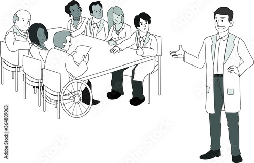 Doctors researchers team meeting looking at listening a doctor team lead speaking talking one of the team members in wheel chair