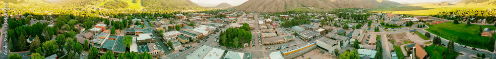Amazing panoramic sunset aerial view of Jackson Hole cityscape in summertime, WY, USA