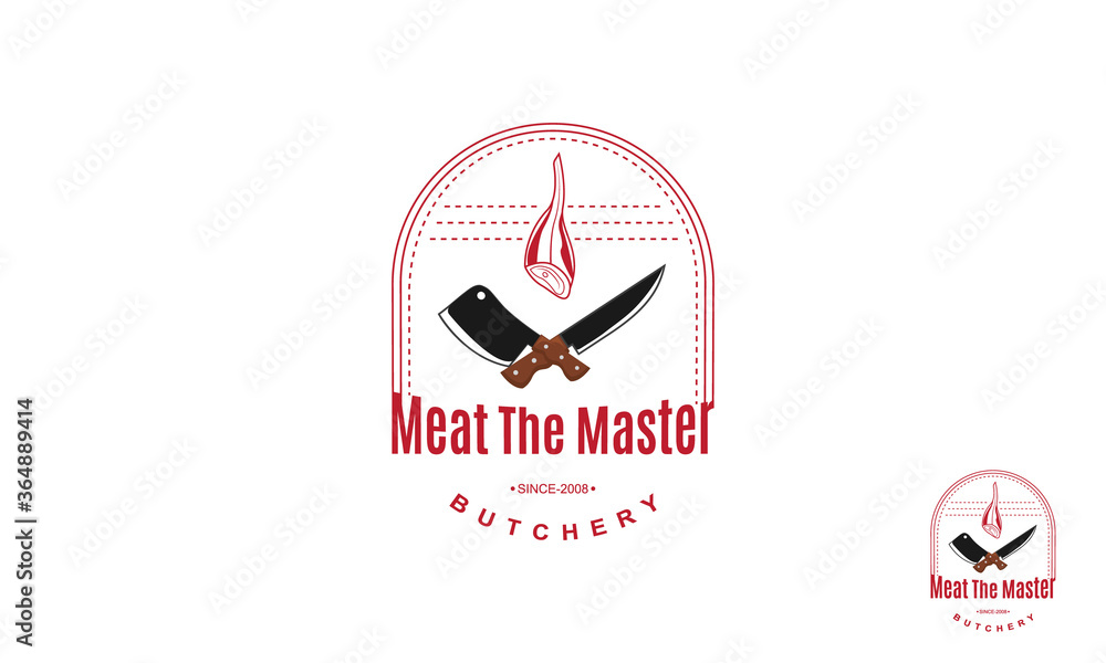 Butchery Shop Logo Design Template-Emblem of Butcher meat shop with Cleaver and Chefs knives, text The Butcher Meat Shop. Logo template for meat business - shop, market, restaurant or design. Butchery Shop Logo Design Template-Emblem of Butcher meat shop with Cleaver and Chefs knives, text The Butcher Meat Shop. Logo template for meat business - shop, market, restaurant or design.