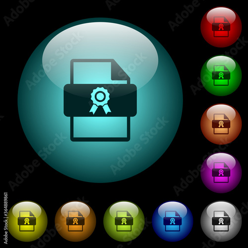 Certificate file icons in color illuminated glass buttons