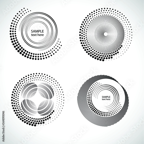 Lines and halftone dots in Circle Form . Spiral Vector Illustration .Technology round Logo . Design element . Abstract Geometric shape . Striped border 