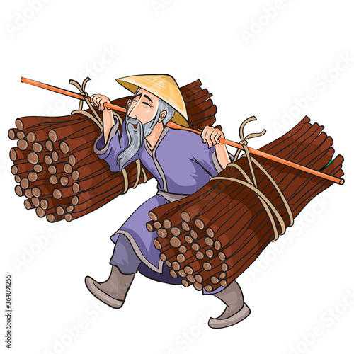 Chinese peasant in a wide hat carries on his shoulders bales of brushwood, cartoon illustration, isolated object on a white background, vector illustration,