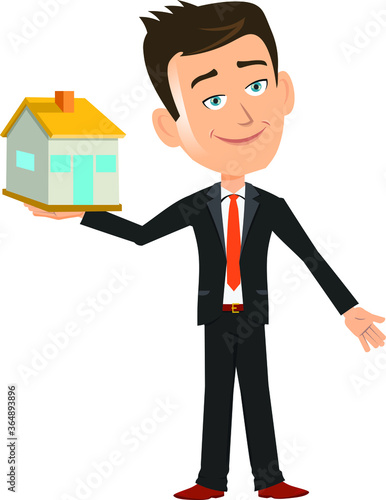 Happy Real-estate businessman manager ceo employee worker salesman handing over giving a house in hand delivery