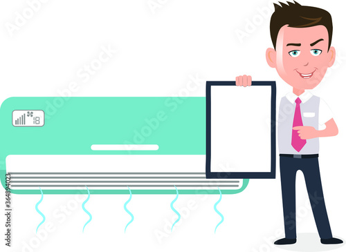Happy salesman businessman user customer showing blank empty banner sign board in front of air conditioner ac