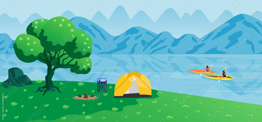 Obraz premium Tourists traveling and camping near the lake.