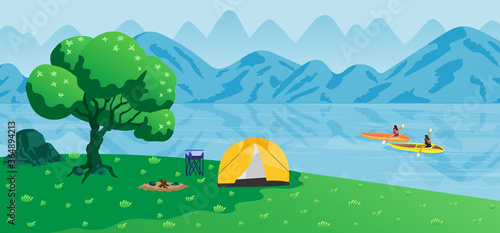 Tourists traveling and camping near the lake.