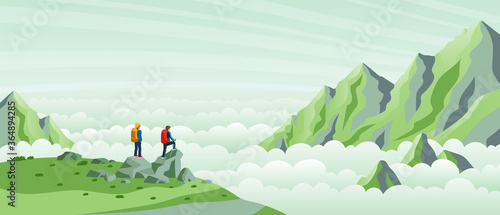 Travelers come to the top of a mountain to watch the morning mist.