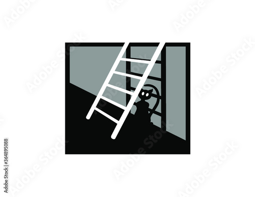 White ladder leaning against a wall casts a shadow against which the black silhouette of a cat with glowing eyes is seen.