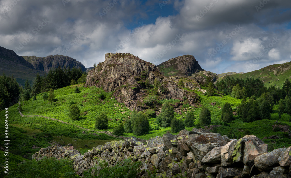 A view of a traditional stone wall leads down to a small rocky outcrop on Blea Moss near to Blea Tarn