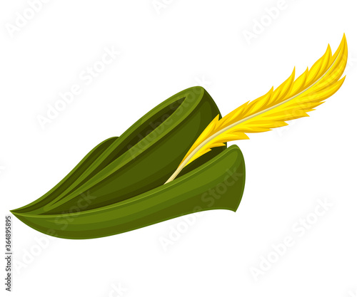 Robin Hood Green Hat with Feather Isolated on White Background Vector Illustration