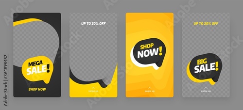 Stories template set for banner sale, presentation, flyer, poster, invitation. Screen backdrop for mobile app with place for photo. Social media story mockup.