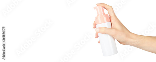 Hand sanitizer in bottle, disinfection liquid. Isolated on white background. Copy space template, banner.