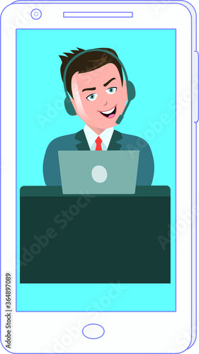 Modern News reader man reading news broadcasting giving speech with headphone on a smartphone mobile device