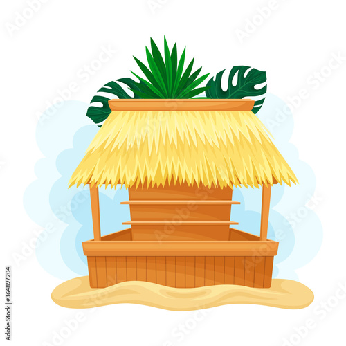 Hut or Bar with Thatched or Straw Roof and Palm Leaves Vector Illustration