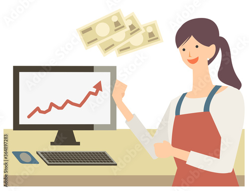 株価上昇で得をした主婦　イラスト　ベクター