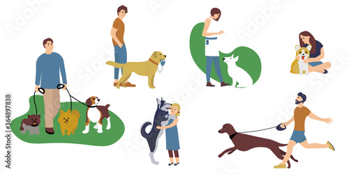 set of people walking with dogs different breeds. Man, woman and children with pet play in park. Collection cartoon character with pets outdoor. Vector illustration in flat style