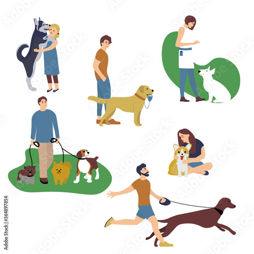 set of people walking with dogs different breeds. Man, woman and children with pet play in park. Collection cartoon character with pets outdoor. Vector illustration in flat style