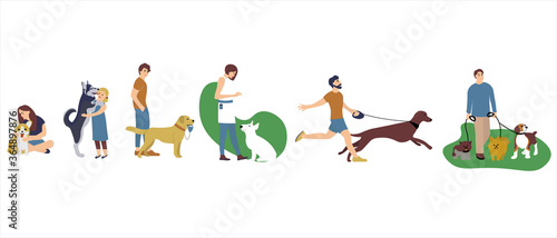 set of people walking with dogs different breeds. Man  woman and children with pet play in park. Collection cartoon character with pets outdoor. Vector illustration in flat style
