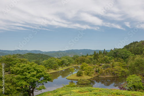 Upper Garden at Shugakuin Imperial Villa (Shugakuin Rikyu) in Kyoto, Japan. It was originally constructed by the retired Emperor Go-Mizunoo, construction completed in 1659.