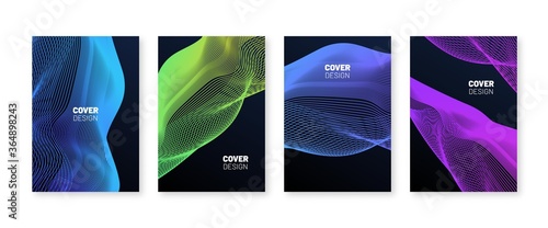 Futuristic abstract cover design template. Vector set of fluid line posters. Neon colors on black background