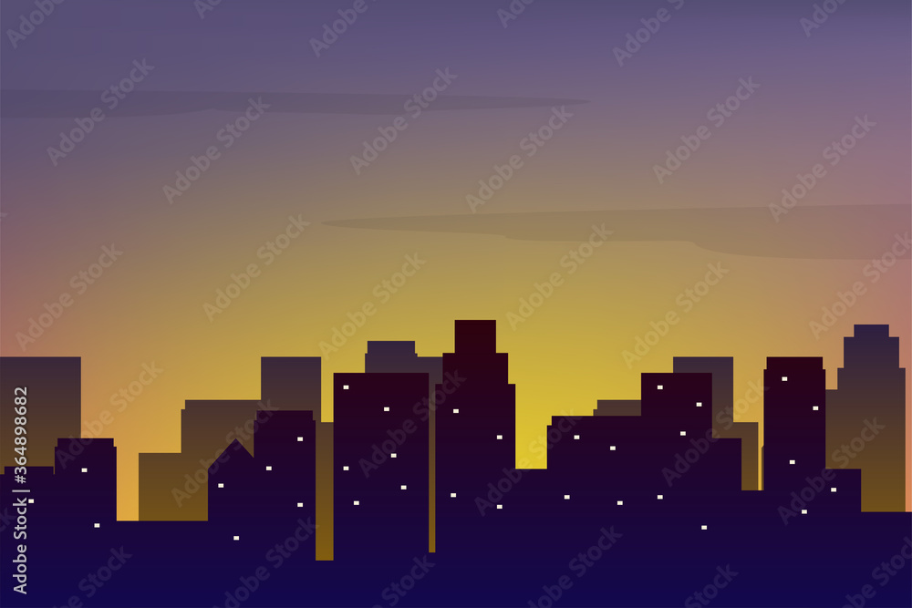Sunset at city vector with buildings silhouette suitable for background or illustration 