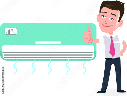 salesman businessman user customer giving a big thumbs up in front of air conditioner ac