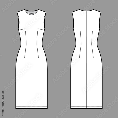 Sheath dress technical fashion illustration with fitted body, oval neck, sleeveless, pencil fullness, knee length. Flat apparel template front, back, white color. Women, men unisex CAD mockup
