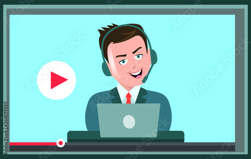 smart News reader man reading news broadcasting giving speech with headphone and laptop in a video channel