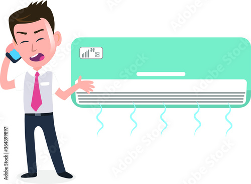 Smart Man salesman businessman user customer talking over phone in front of air conditioner ac
