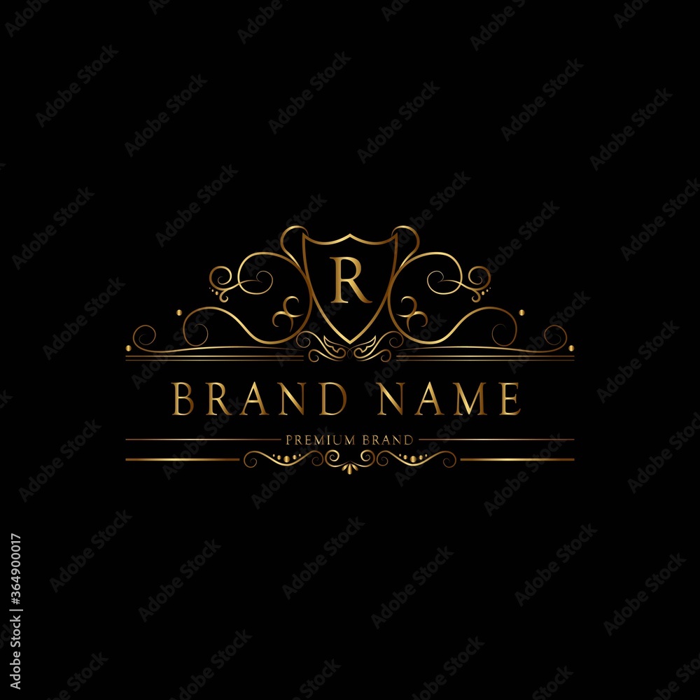 R premium luxury gold monogram logo. R letter logo. R monogram luxury gold logo.