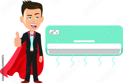 Successful man person businessman superhero showing thumbs up in front of air conditioner ac