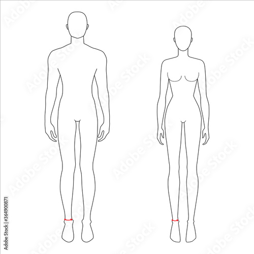Women and men to do high ankle measurement fashion Illustration for size chart. 7.5 head size girl and boy for site or online shop. Human body infographic template for clothes. 