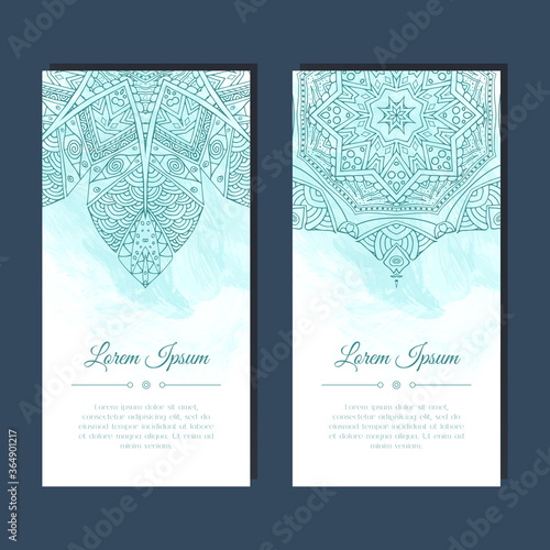 Cards set with mandala mehndi ornament in east Indian style. Abstract background. Ethnic design for card, invitation, party, presentation, greeting, boho, wedding. Place for text. Vector illustration.