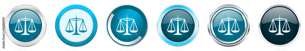 Justice silver metallic chrome border icons in 6 options, set of web blue round buttons isolated on white background Justice silver metallic chrome border icons in 6 options, set of web blue round buttons isolated on white background