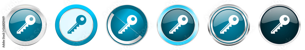 Key silver metallic chrome border icons in 6 options, set of web blue round buttons isolated on white background Key silver metallic chrome border icons in 6 options, set of web blue round buttons isolated on white background
