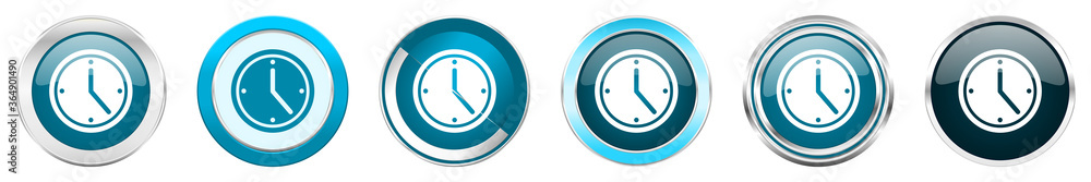 Time silver metallic chrome border icons in 6 options, set of web blue round buttons isolated on white background Time silver metallic chrome border icons in 6 options, set of web blue round buttons isolated on white background