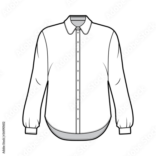 Classic shirt technical fashion illustration with button down front opening, round collar, long sleeves with cuff, oversized body. Flat apparel template front grey color. Women, men unisex CAD mockup