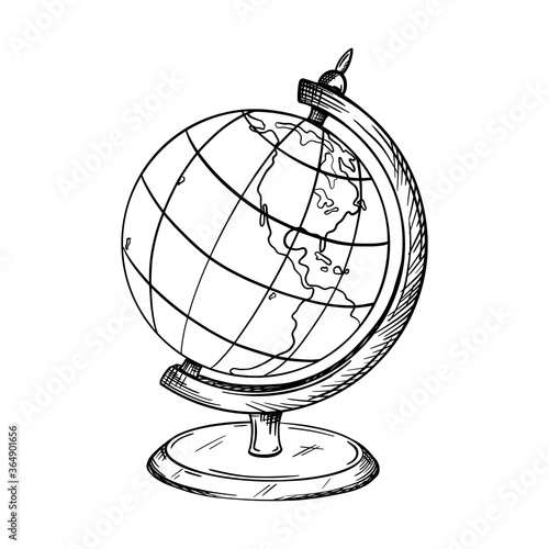 Sketch of a school globe on a stand. The map shows South and North America. Element for the education and study of geography. Hand drawn and isolated on white. Black and white vector illustration.