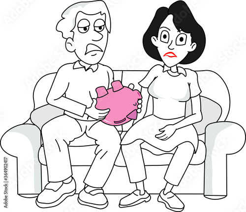 Unhappy couple family husband wife holding a piggy bank empty no savings sitting on a sofa