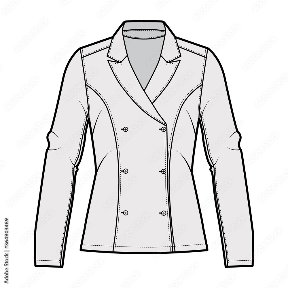 Blazer technical fashion illustration with notched lapel, fitted silhouette,  double breasted opening, long sleeves. Flat apparel jacket template front,  grey color. Women men unisex top CAD mockup Stock Vector | Adobe Stock