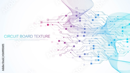 Technology circuit board texture background. Abstract circuit board banner wallpaper. Digital data industry. Engineering electronic motherboard. Wave flow, vector illustration.