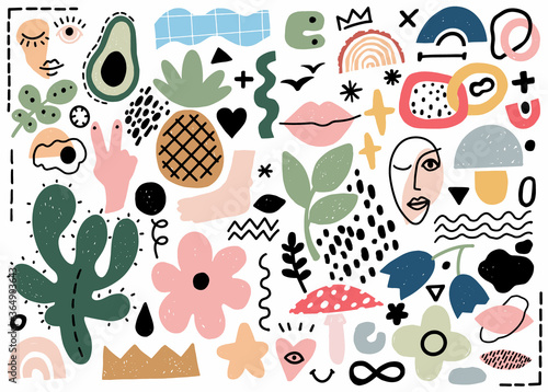 Abstract shapes vector collection. Modern shape geometric texture trendy pattern. Doodle art illustration, graphic design background. Wallpaper collage element. Simple flower, face contemporary color